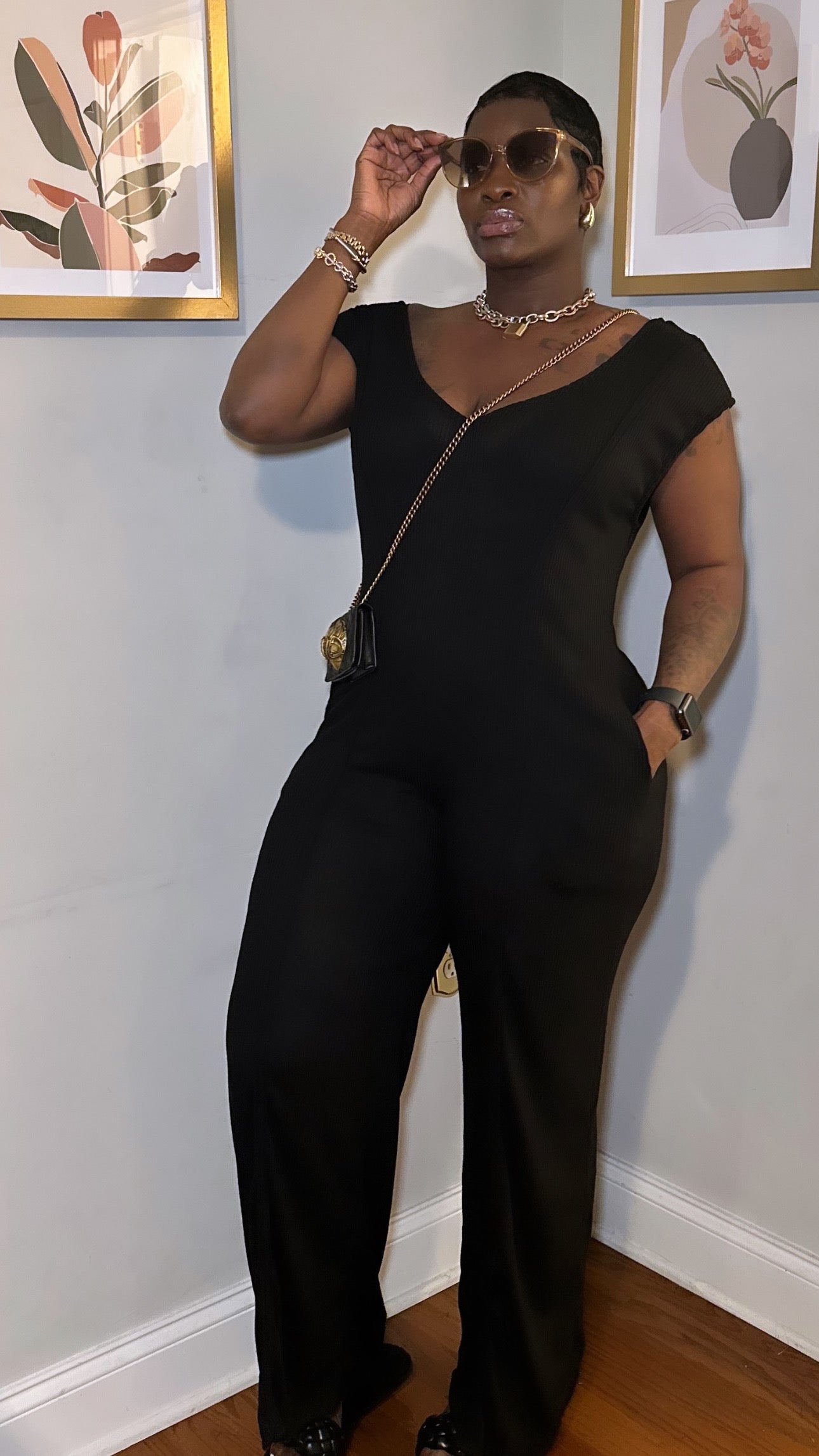 Black Flowy Wide Leg Knit Jumpsuit