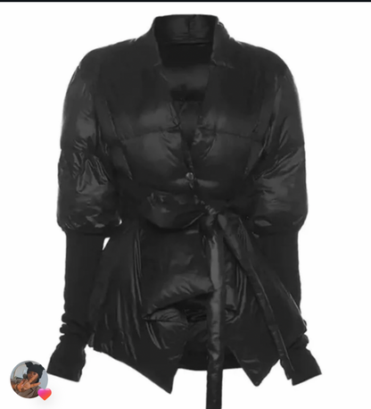 Peplum belted puffer jacket