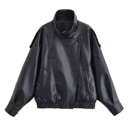 Faux leather button-up jacket