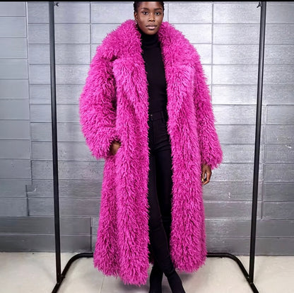 Shaggy Faux Fur Coat Full Length Lamb Overcoat for Women