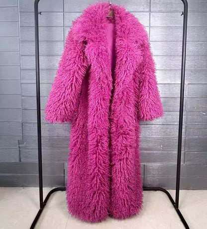 Shaggy Faux Fur Coat Full Length Lamb Overcoat for Women